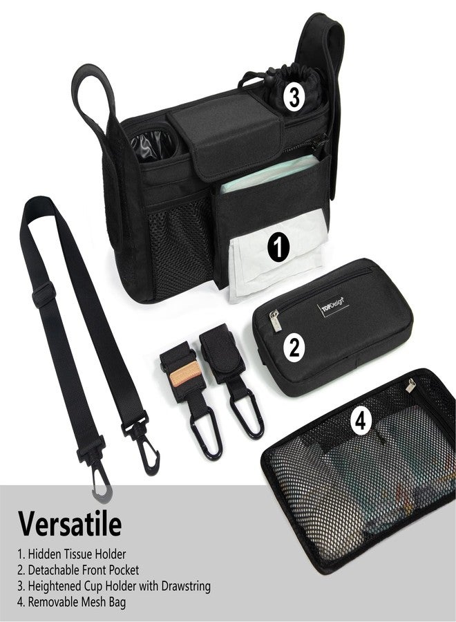 TOPDesign Universal Baby Stroller Organizer, Stroller Caddy with Detachable Mesh Bag & Heightened Insulated Cup Holders & Non-Slip Secure Hooks Accessories, Fits Most Strollers (Black) - Image 2